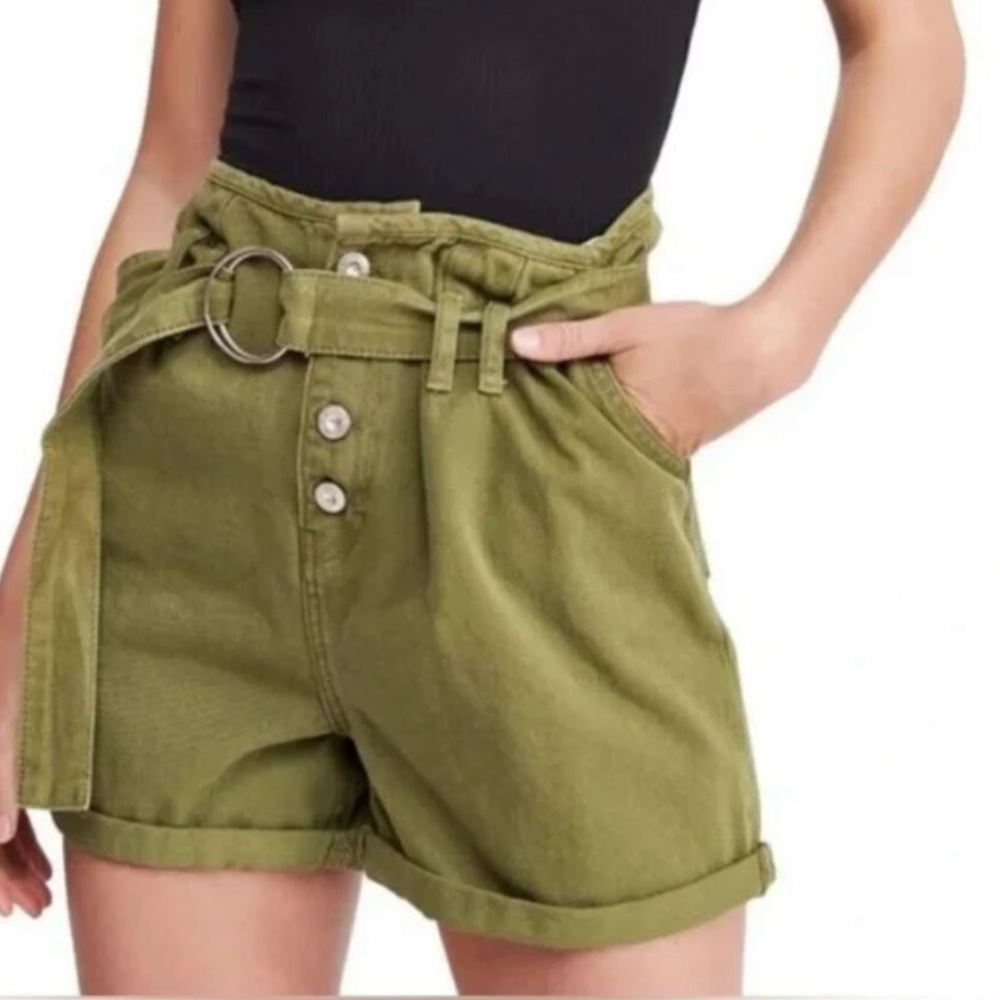 We The Free FP Cindy Utility Paperbag Shorts Belted Army Green Sz.2 Boho Retro